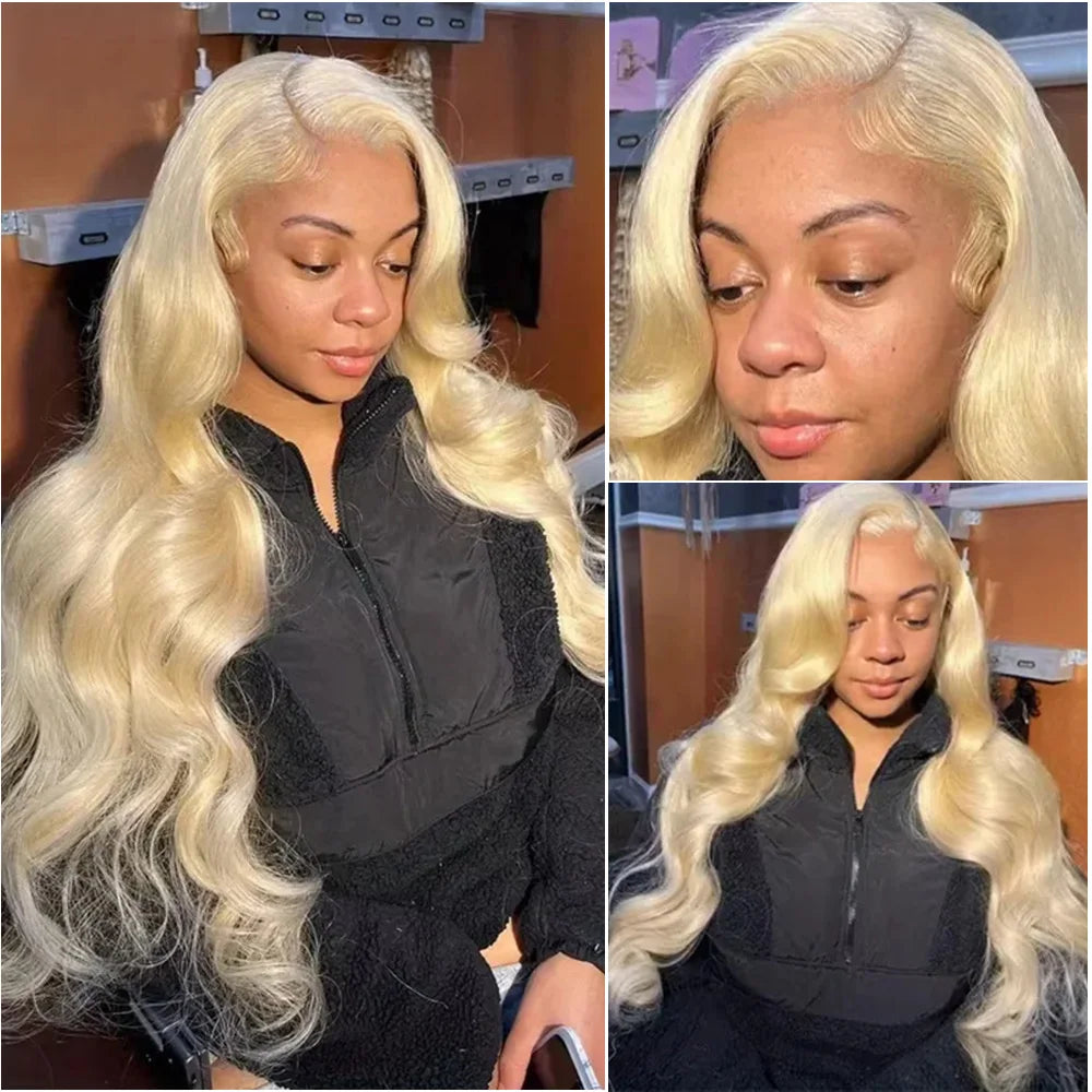 613 honey blonde Brazilian body wave human hair lace front wig with HD transparent 13x4 lace, 200% density