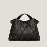 Housed in a quilted puffy design, this large-capacity designer women's shoulder bag features space down feather padding and warm winter style.