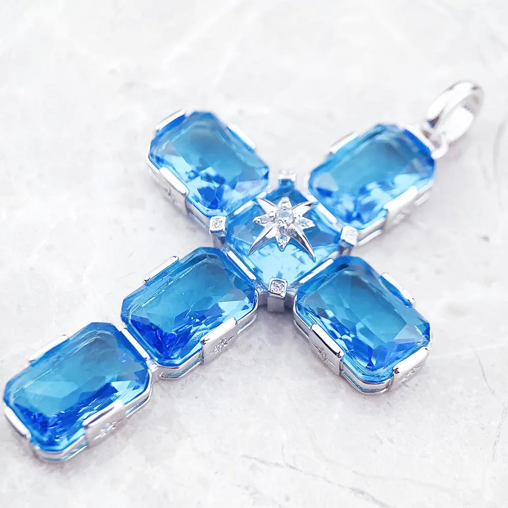 Pendant Cross With Large Aquamarine-Coloured Stones And Star Brand New Fine Jewelry Europe 925 Sterling Silver Gift For Woman