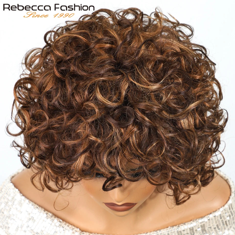 Brazilian Remy human hair wig with curly highlights, short bob style, glueless design, easy wear, bouncy Jerry curls for women