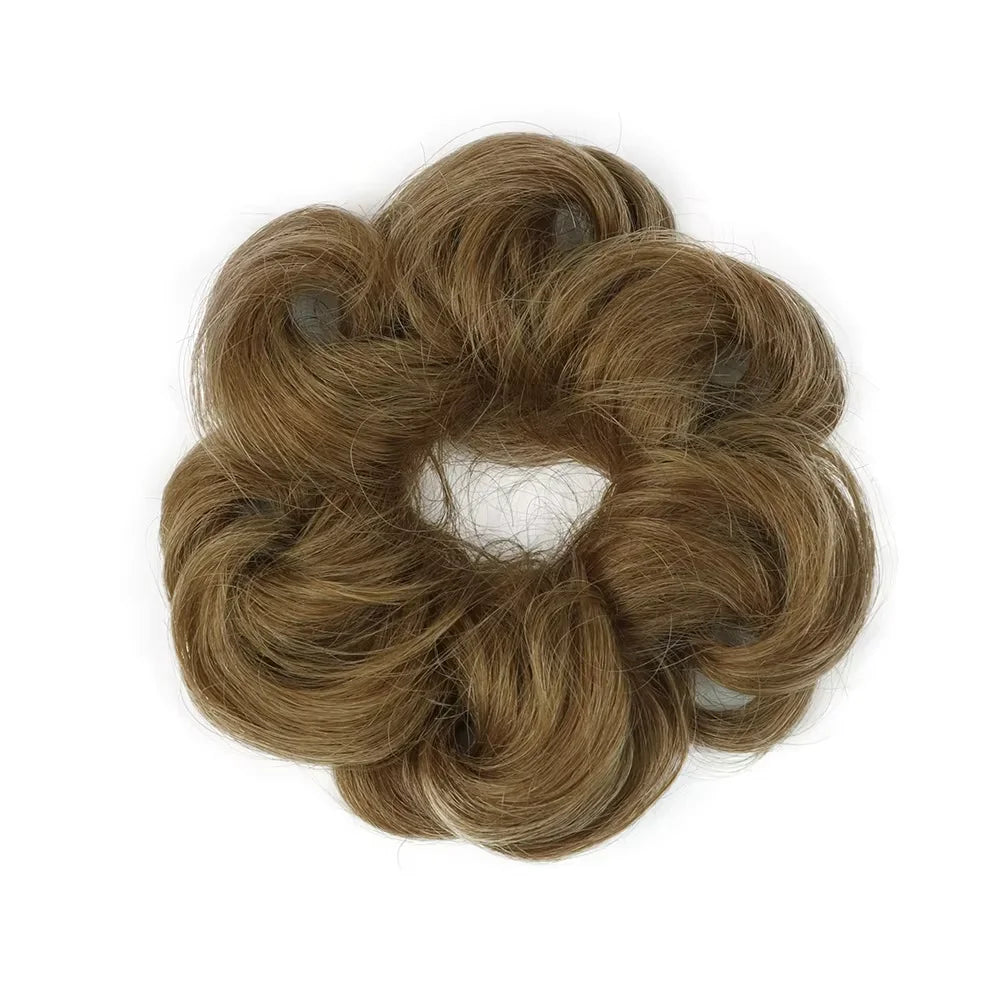Wavy curly human hair messy bun ponytail with clip-in extensions and air bangs fringe for women