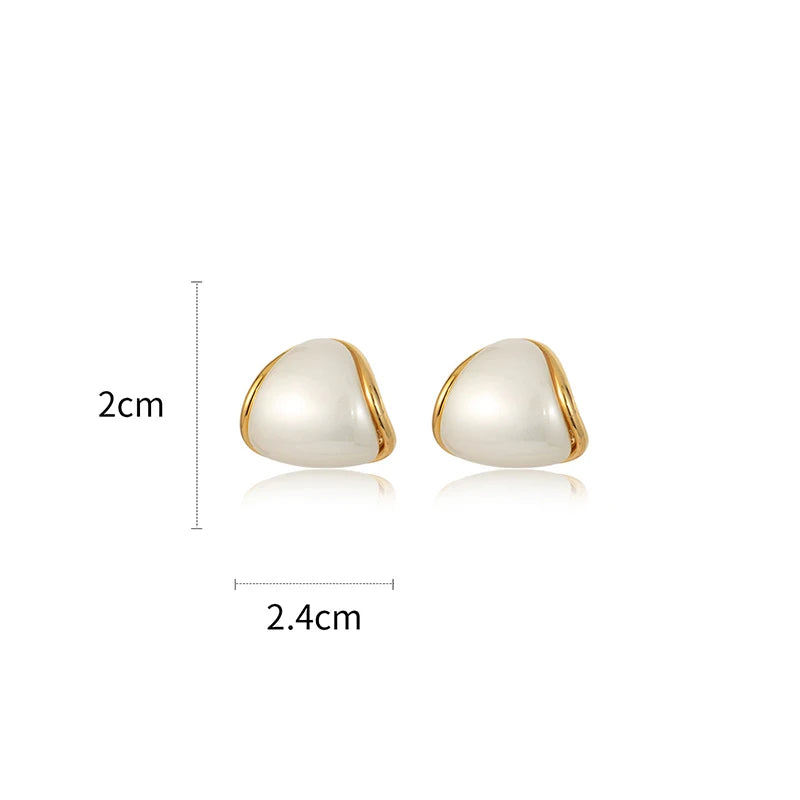 Minimalist triangle imitation pearl earrings with gold-plated border and white studs for women