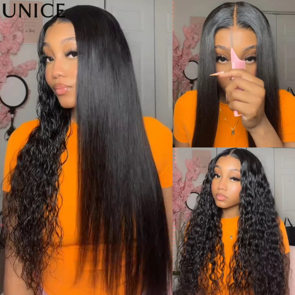 UNice 13x4 Bye Bye Slip™ Lace Frontal Wet & Wavy 2 in1 Straight to Water Wave Human Hair Wig Pull & Go Drawstring Glueless Wig Ready To Wear