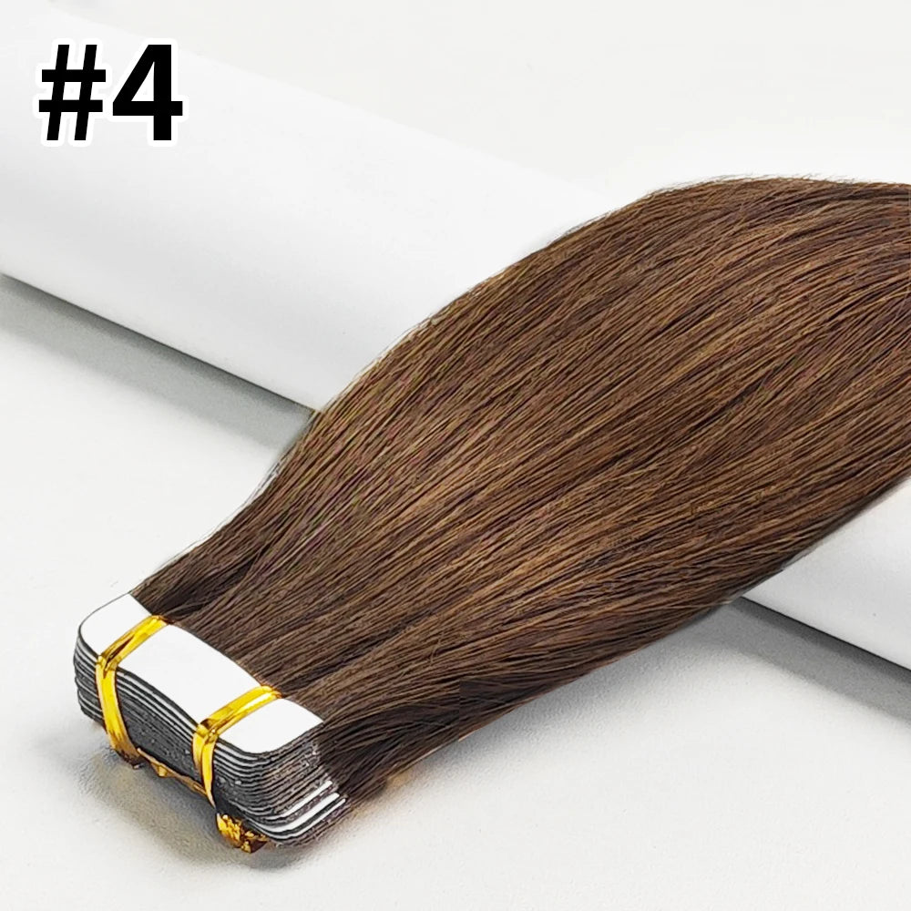 Straight seamless skin weft tape-in Remy human hair extensions, 20-piece set in natural black by HSF Marketplace