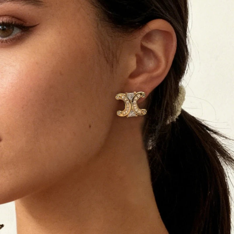14K gold-plated zircon stud earrings, simple C-shaped letter design by HSF Marketplace