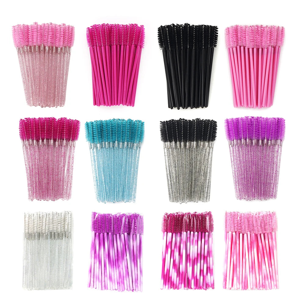 50-piece HSF Marketplace eyelash brush set for lash extensions and makeup, disposable spoolie brushes displayed.
