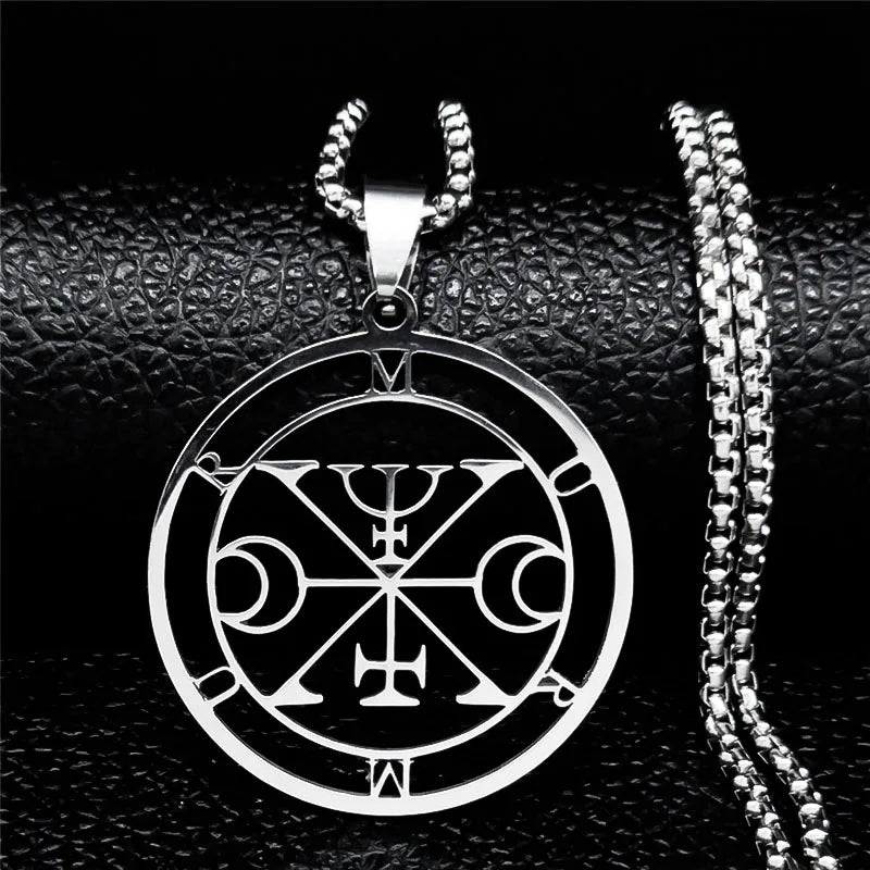 Stainless steel Satan necklace featuring Sigil de Lucifer, Baphomet stamp, and chain design from HSF Marketplace jewelry collection.