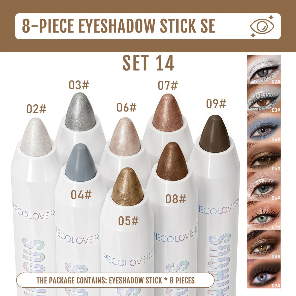 8-piece HSF Marketplace dual-finish eyeshadow stick set with matte and shimmer creamy pencils for eyeshadow application