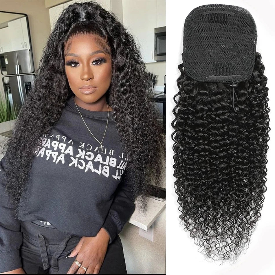 Human Hair Kinky Straight Drawstring Ponytail Extension, 12-24 Inch Yaki Straight Clip-In by HSF Marketplace