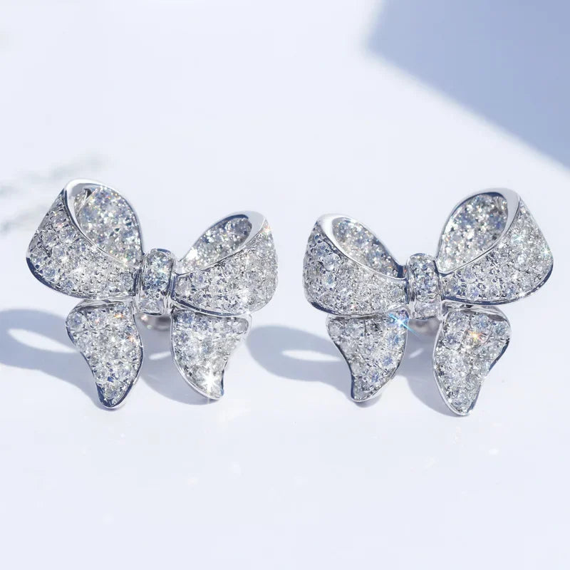 HSF Marketplace romantic bowknot women’s stud earrings with full-paved shiny crystal zircon