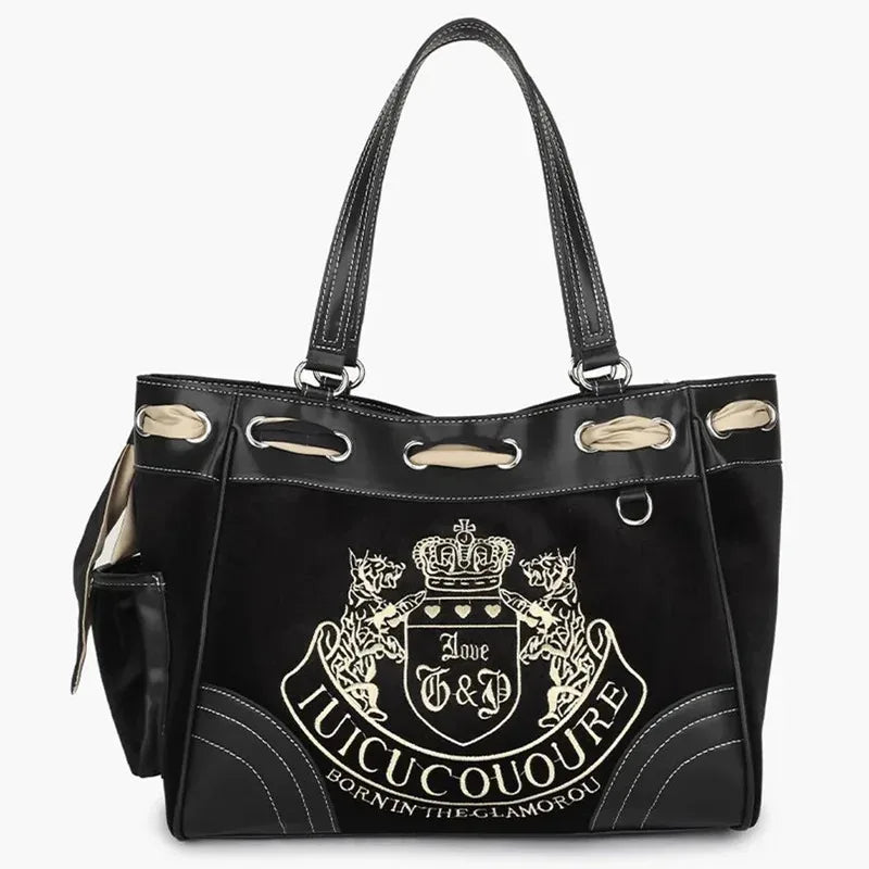 Large-capacity ladies tote bag with vintage embroidery, velvet material, and shoulder strap, ideal for shopping and casual outings.