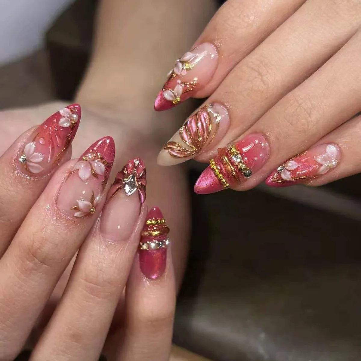 24-piece pink flower almond press-on false nails with kawaii design, wearable stick-on nail tips