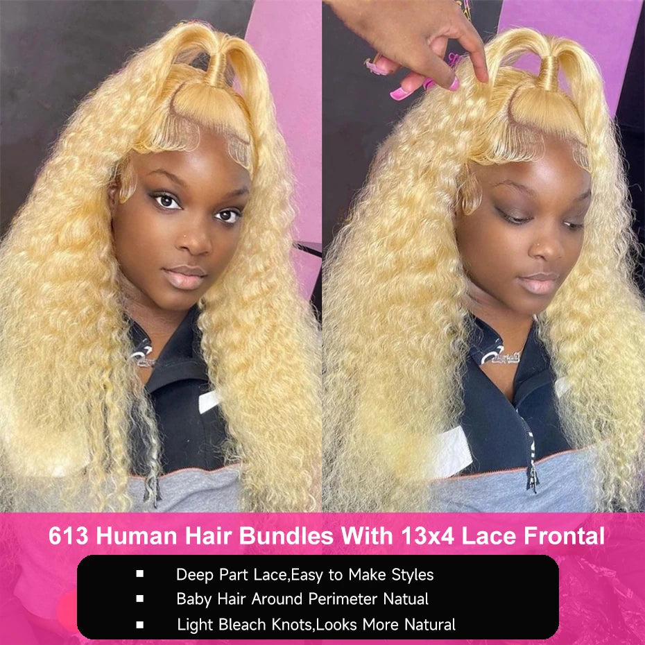 Face Beauty 613 Blonde Frontal Clodure with Bundles Remy 3/4 Peruvian Human Hair Deep Wave Curly Bundles with 13x4 Lace Frontal