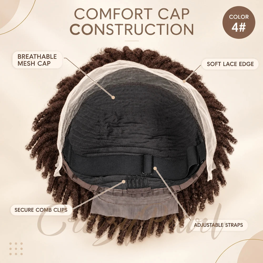Chocolate brown human hair short pixie cut dreadlocks wig with lace frontal, faux locs, Afro twists, and braided style.