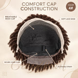 Chocolate brown human hair short pixie cut dreadlocks wig with lace frontal, faux locs, Afro twists, and braided style.
