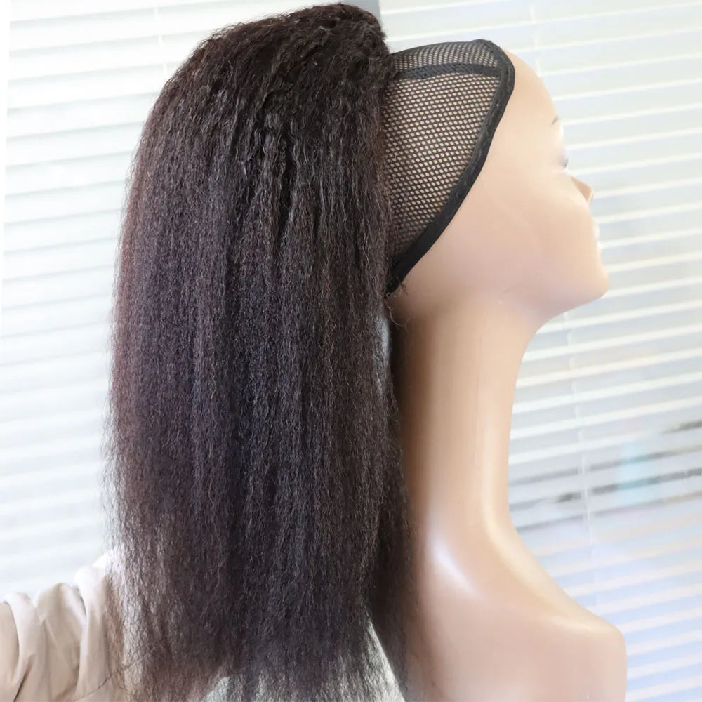 Kinky straight coarse yaki virgin Remy human hair drawstring ponytail with curls, 100g–150g, black