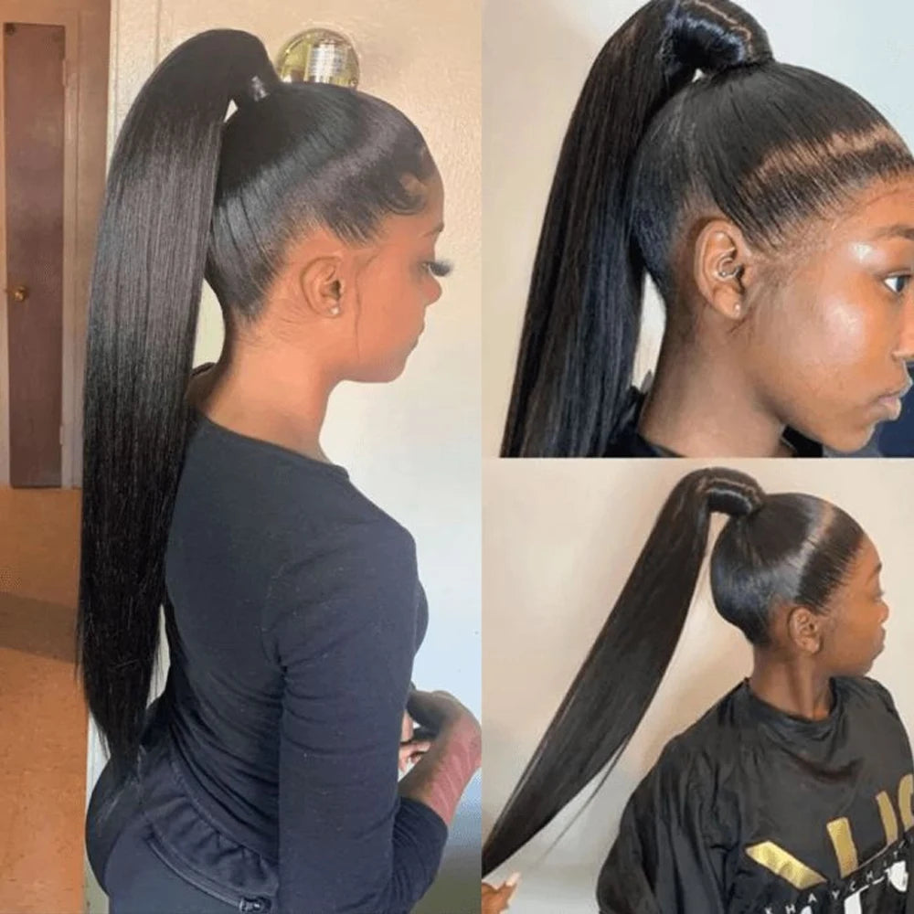 Straight natural black Remy human hair ponytail extension with clip-in attachment