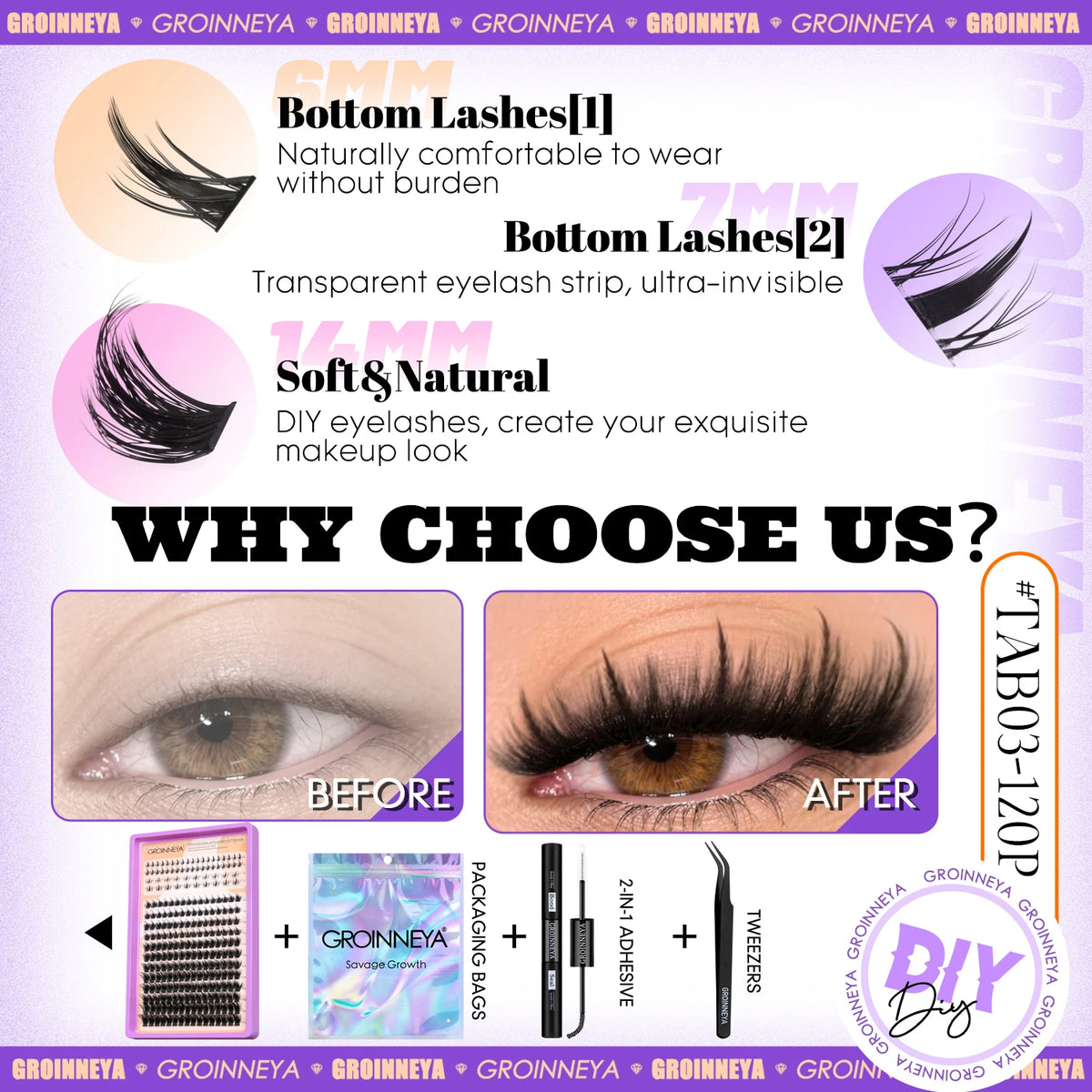 GROINNEYA fluffy 3D mink faux manga lash clusters kit with bond and seal makeup accessories