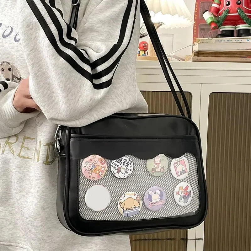 Japanese Harajuku Ita Bag for women with transparent PU pocket, high school girl style, crossbody shoulder handbag by HSF Marketplace