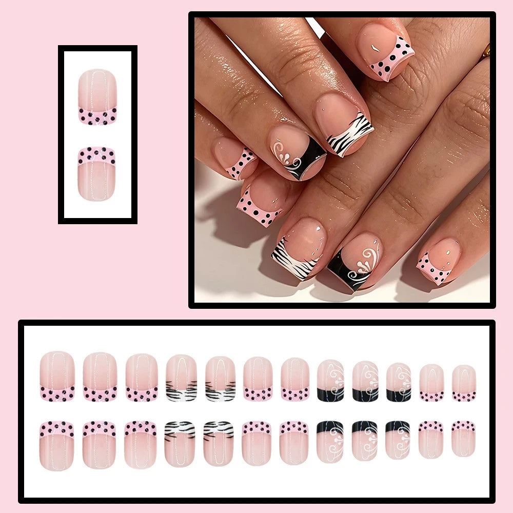 24-piece short square false nails with black and white zebra print, polka dots, and French style manicure art