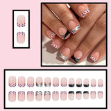 24-piece short square false nails with black and white zebra print, polka dots, and French style manicure art