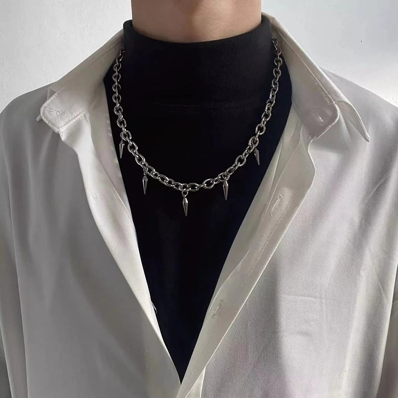 Stainless steel punk aesthetic stud choker necklace with rivet pendant, gothic jewelry for men and women, hip hop style.