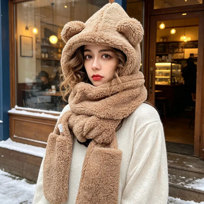Women's winter bear ear hat, scarf, and gloves set in plush warm fabric by HSF Marketplace