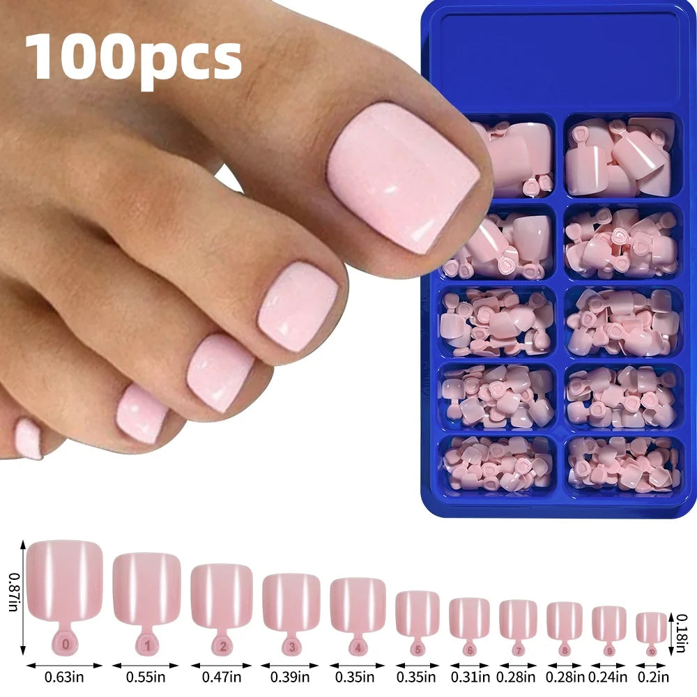 HSF Marketplace pink French tip press-on toenails, square short glossy false toe nails set, 120-piece box