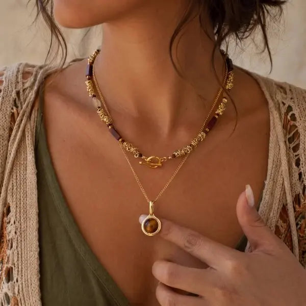 Retro 3 Layers Gold Plated Tiger Eye Stone Necklace For Women Boho Sun Zircon Sun Pendant Beaded Stackable Choker Party Jewelry