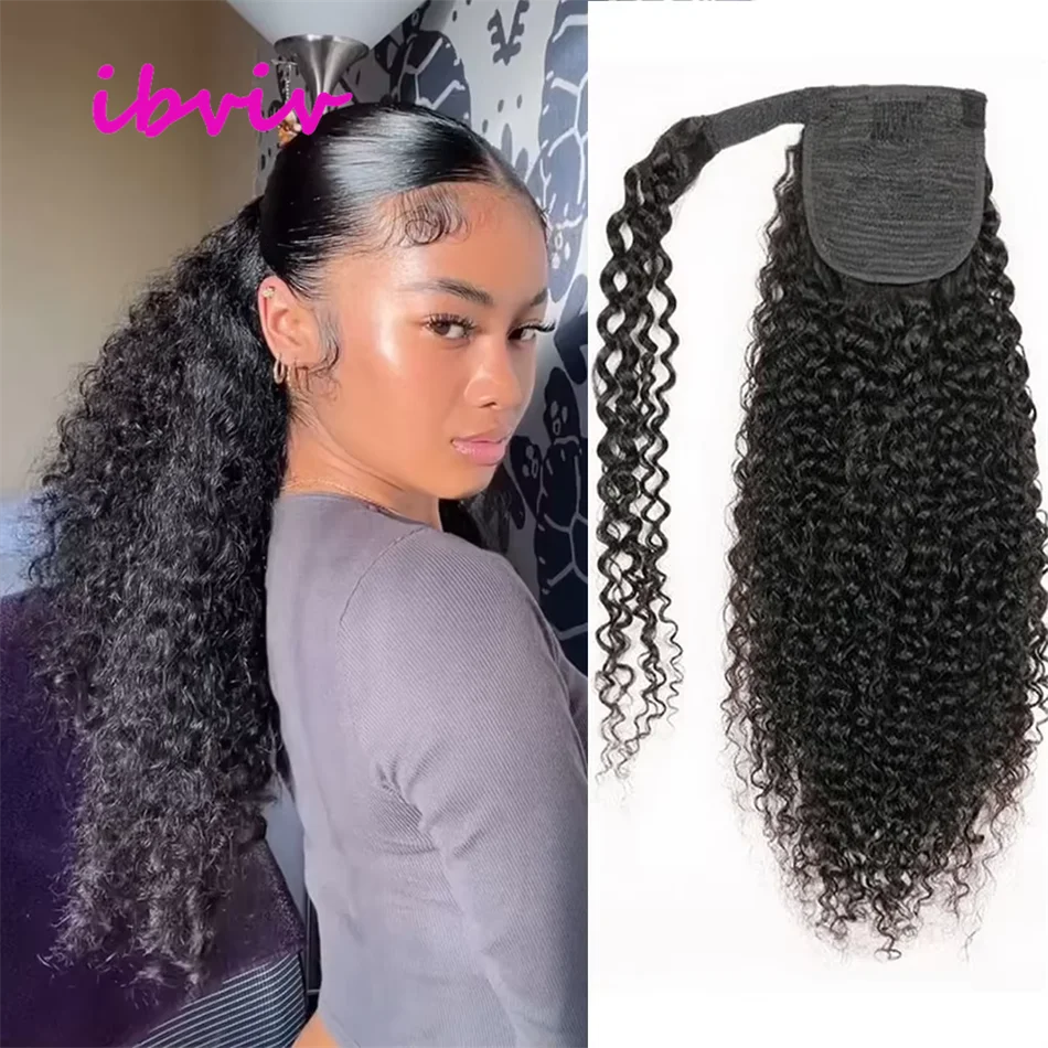 Straight Remy human hair ponytail extension, 100g wrap-around style, available in 10–32 inches