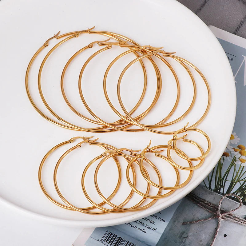 Classic stainless steel hoop earrings for women, 30–80mm jewelry in a simple polished design