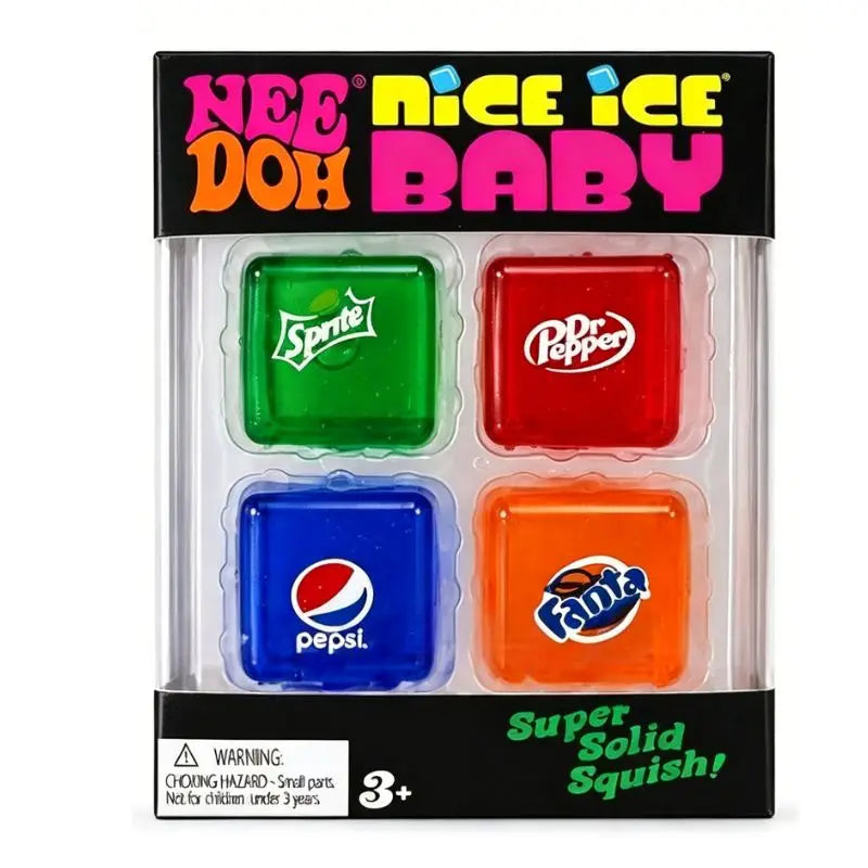 Four HSF Marketplace NeeDoh Nice Ice Cube mini squishy sensory toys for stress relief and anti-anxiety, perfect for kids and adults.