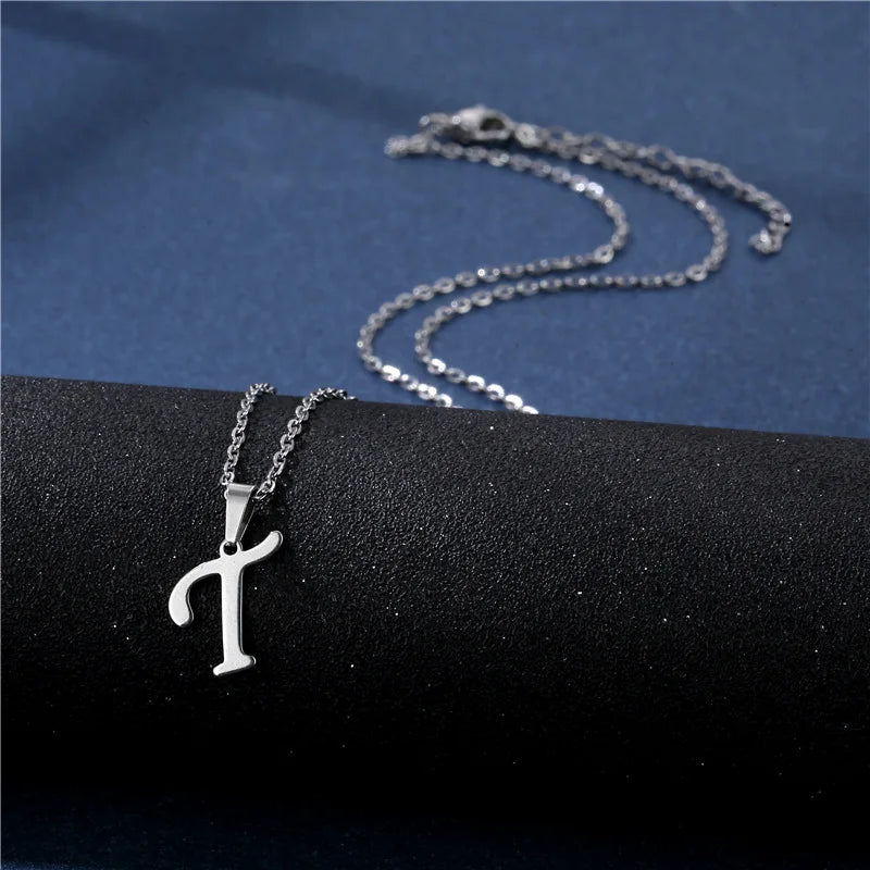 Shiny stainless steel initial letter pendant necklace for women, featuring a simple clavicle chain choker jewelry design.