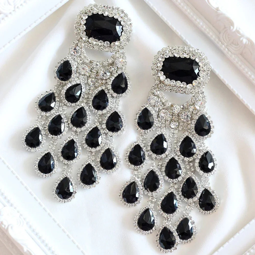 Bridal black crystal tassel earrings by HSF Marketplace, elegant dangling jewelry for women