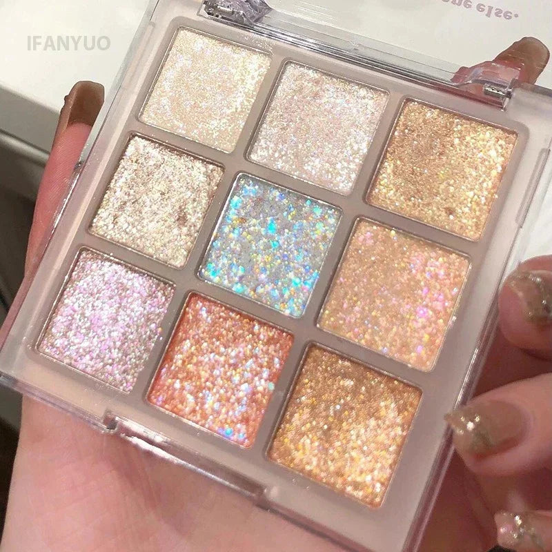 9-color glitter eyeshadow palette with earth tones, pearlescent shimmer, sparkling blue and purple shades by HSF