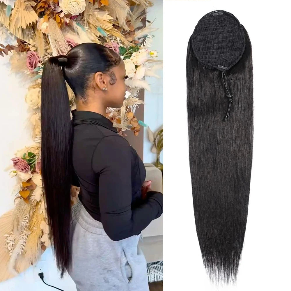 Straight unprocessed Brazilian human hair drawstring ponytail extensions for Black women