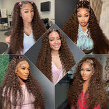 Chocolate brown human hair bundles with HD transparent lace closure, wet and wavy deep curly wave extensions for Black women.
