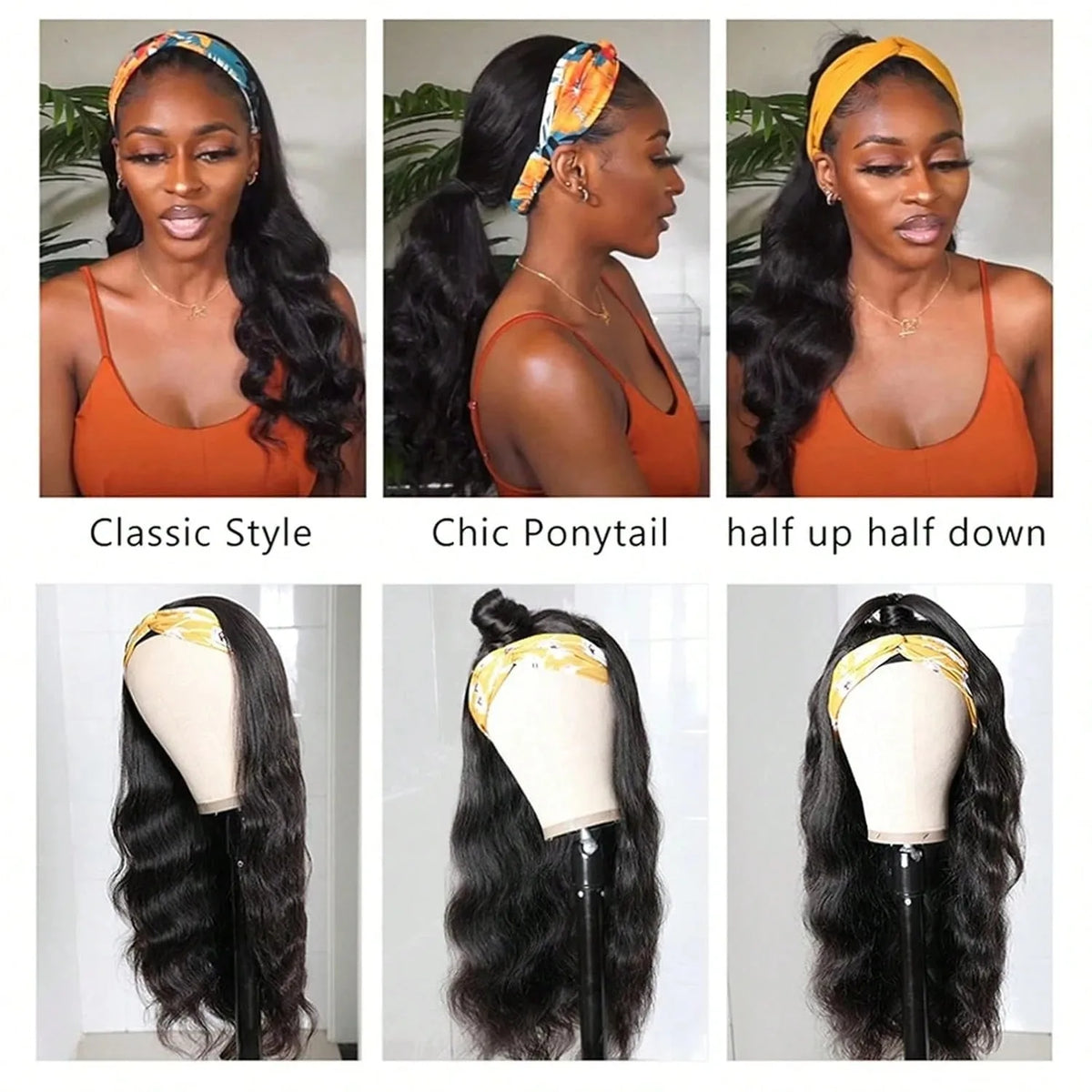 40-inch body wave Remy human hair headband wig, 200% density, natural fluffy waves in a full machine-made style