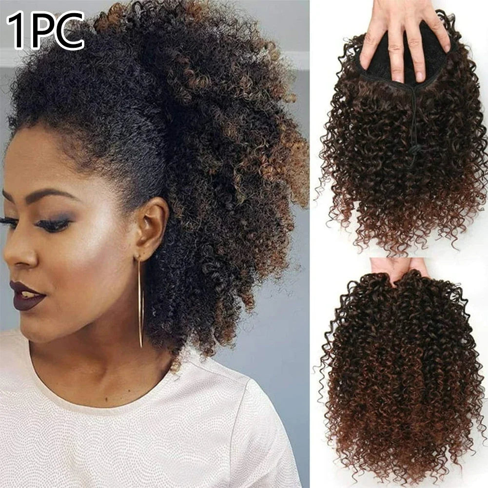 HSF Marketplace Brazilian kinky curly human hair drawstring ponytail clip-in extension in dark curly texture
