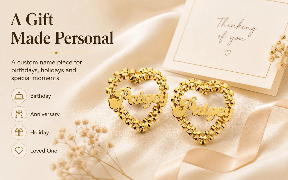 Personalized heart name stud earrings for women, custom jewelry gift by HSF Marketplace