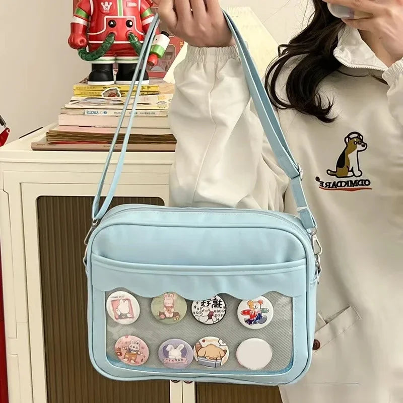 Japanese Harajuku Ita Bag for women with transparent pockets, high school uniform style, crossbody shoulder handbag by HSF Marketplace