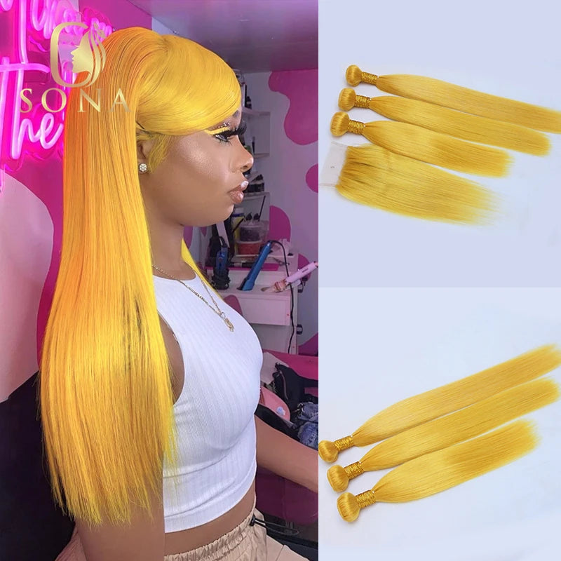 Yellow straight human hair bundles with transparent lace closure, showing sew-in wefts and full hair strands.