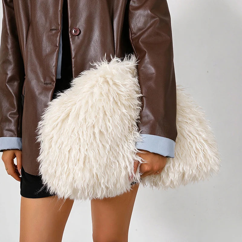 Women’s faux fur clutch bag with frame clasp, large capacity fuzzy winter purse, stylish handbag by HSF Marketplace