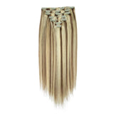 Set of 7 straight human hair clip-in extensions in 16-24 inches, natural color, double weft, by HSF Marketplace.