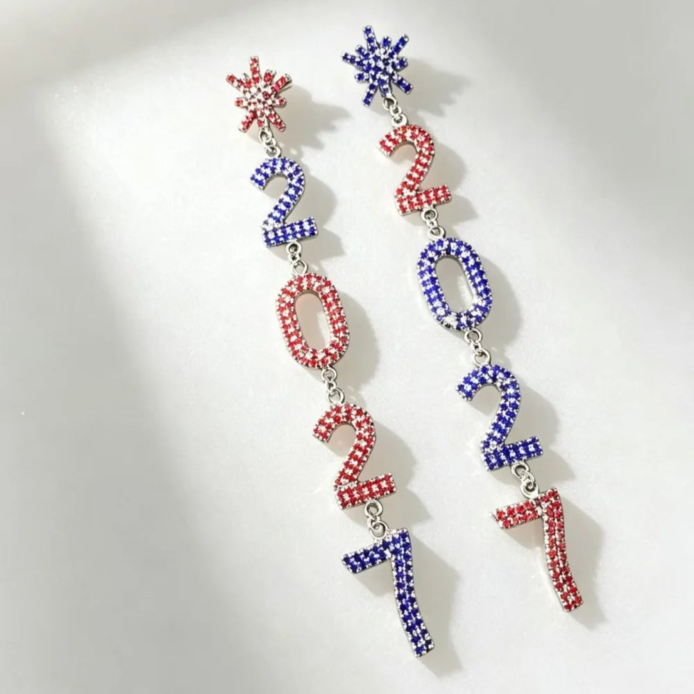 Red white blue rhinestone snowflake dangle earrings for women by HSF Marketplace