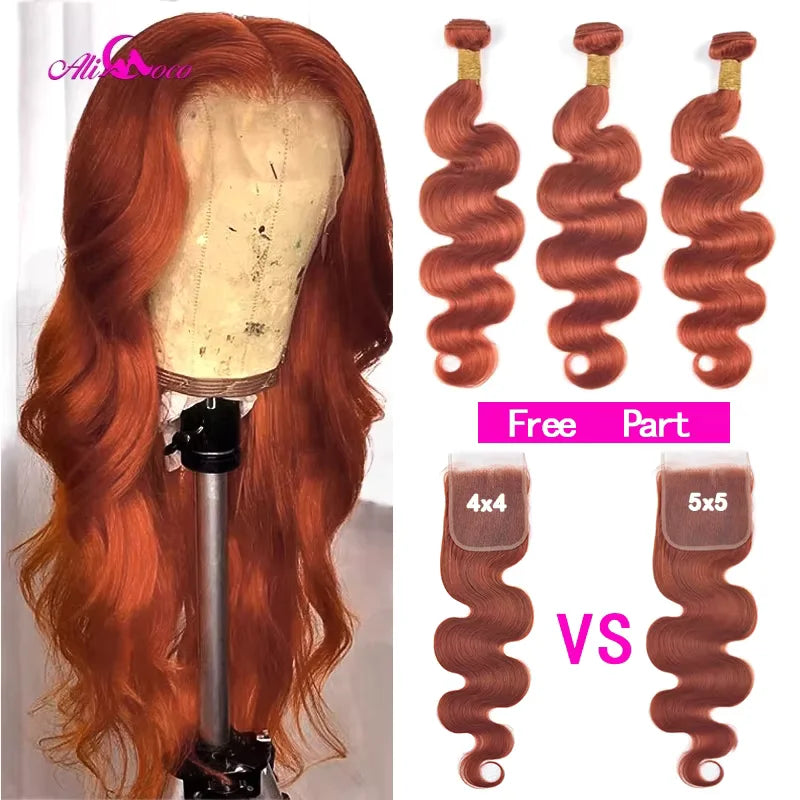 Ali Coco Orange Ginger Bundles With 5x5 Closure Brazilian Body Wave With Closure Remy 5x5 Closure With Human Hair Bundles