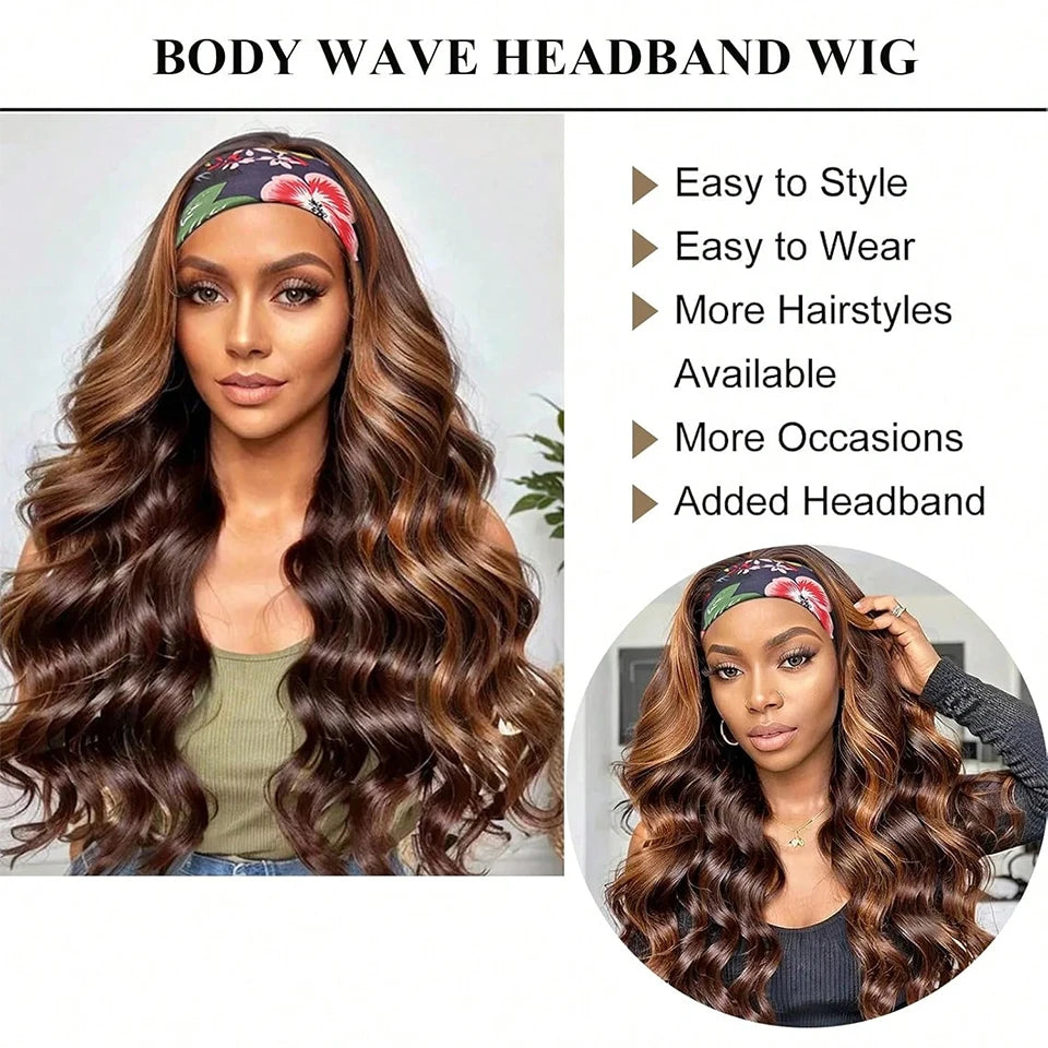 4/27 highlight body wave headband wig, 200% density Brazilian human hair wig for Black women