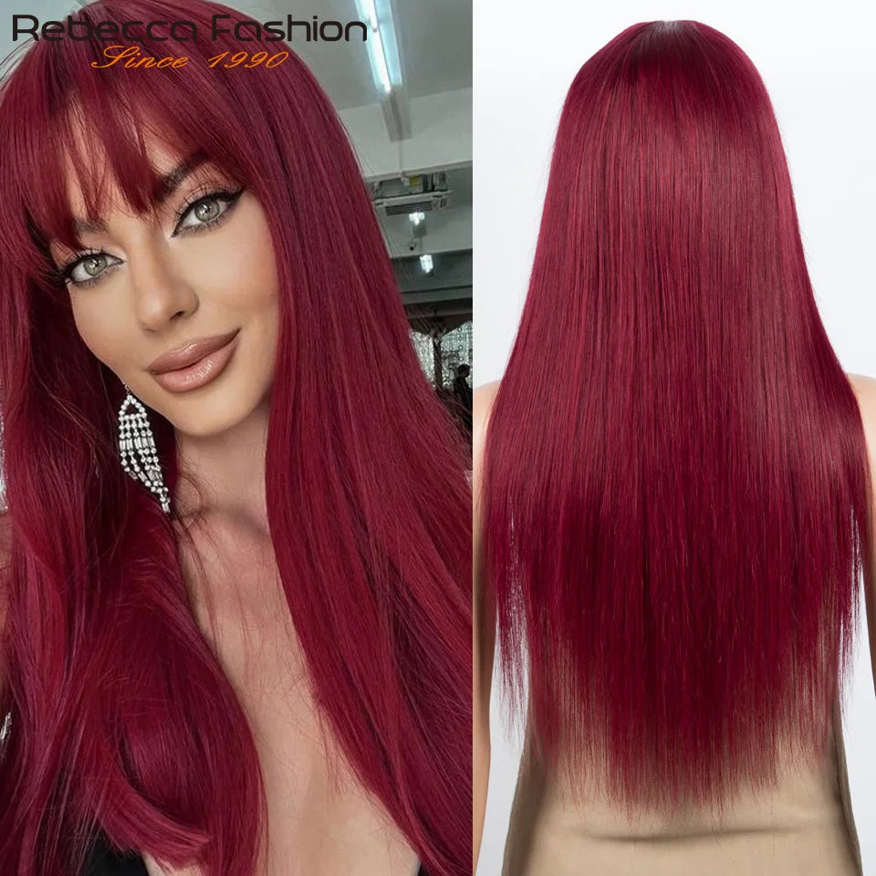 Burgundy straight human hair wig with bangs for women by HSF Marketplace