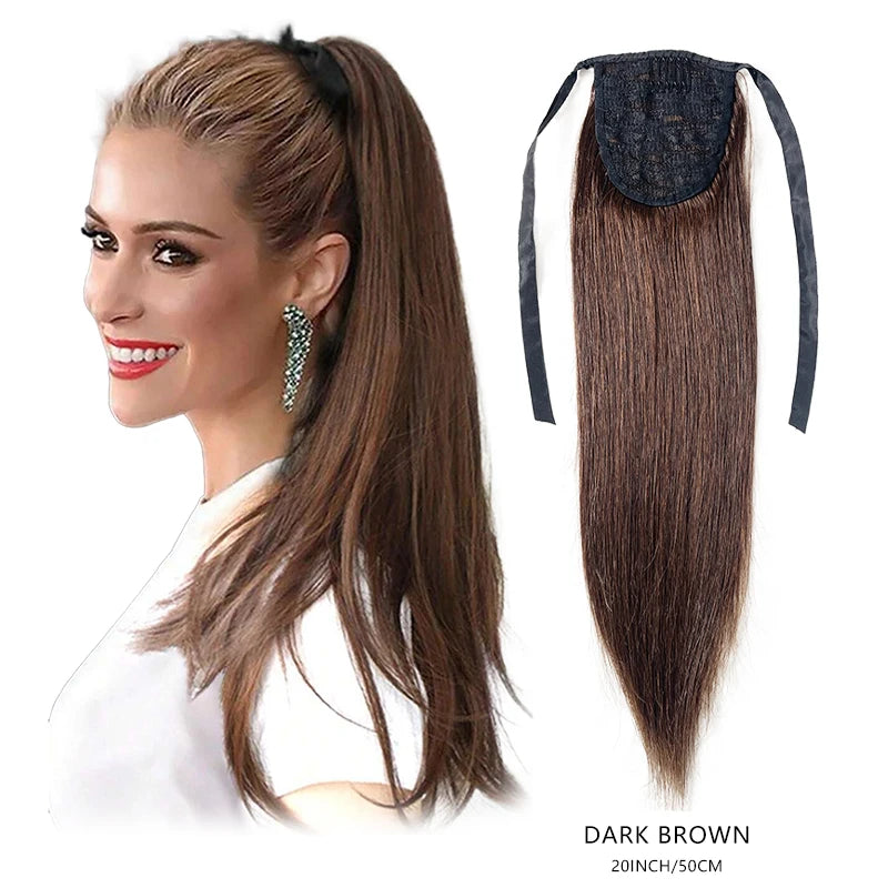 20-inch 100% human hair wrap-around strap ponytail extension, long straight natural soft hairpiece for women