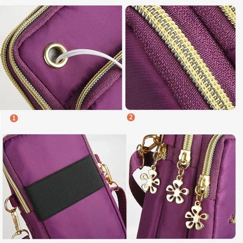 Women's HSF Marketplace crossbody mini handbag with three layers, coin pocket, shoulder strap, and stylish design.